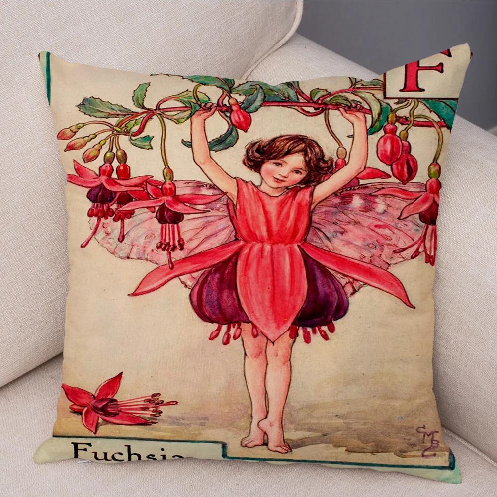 Vintage Floral Girl Pillowcase Decor Cute Cartoon Flower Elf Fairy Tale for Sofa Home Pillow Case Soft Plush Cushion Cover