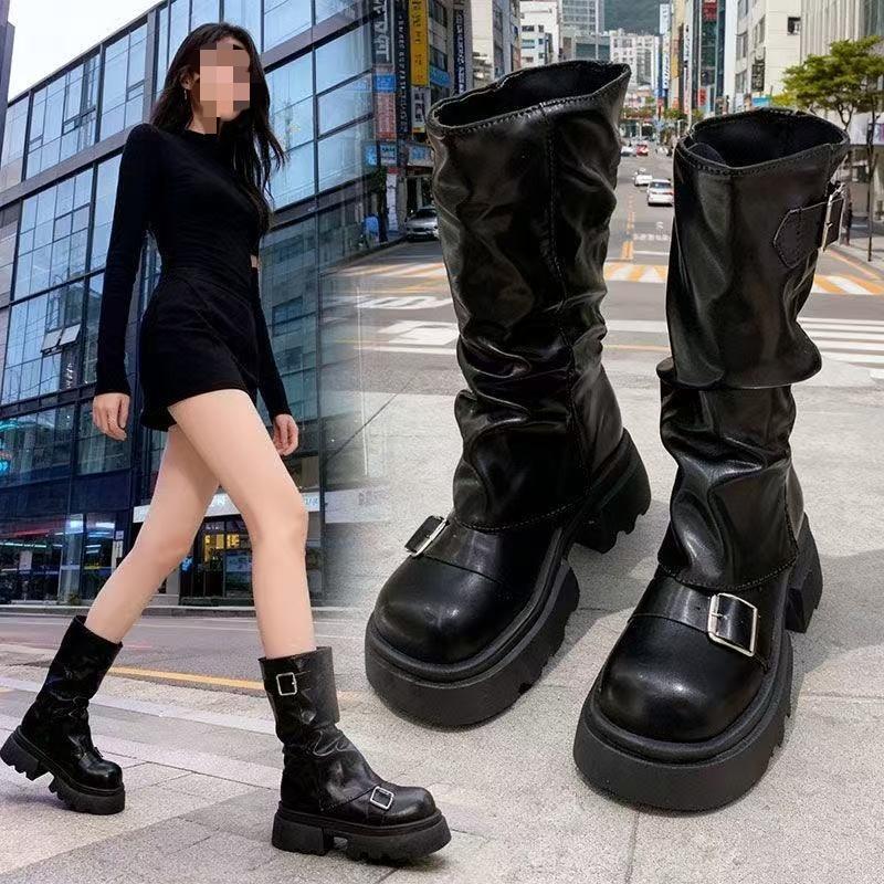 High Boots  Round Toe Sleeve Platform Belt Buckle Platform Anti-Slip Wear-Resistant Block Heel Shoes