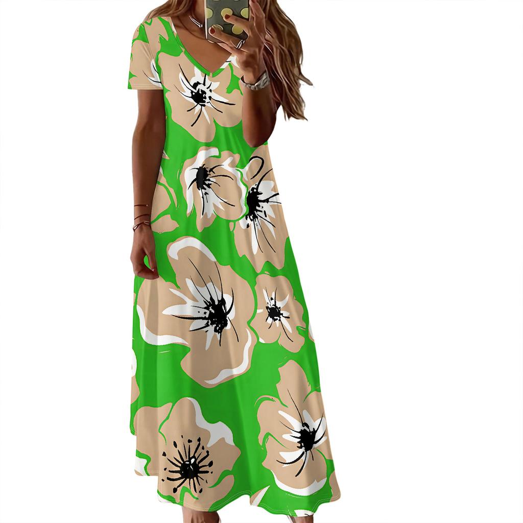 Summer Women's Short Sleeved V-neck Long Dress, 3D Fashionable Printed Pattern Dress, Casual Vacation Style.
