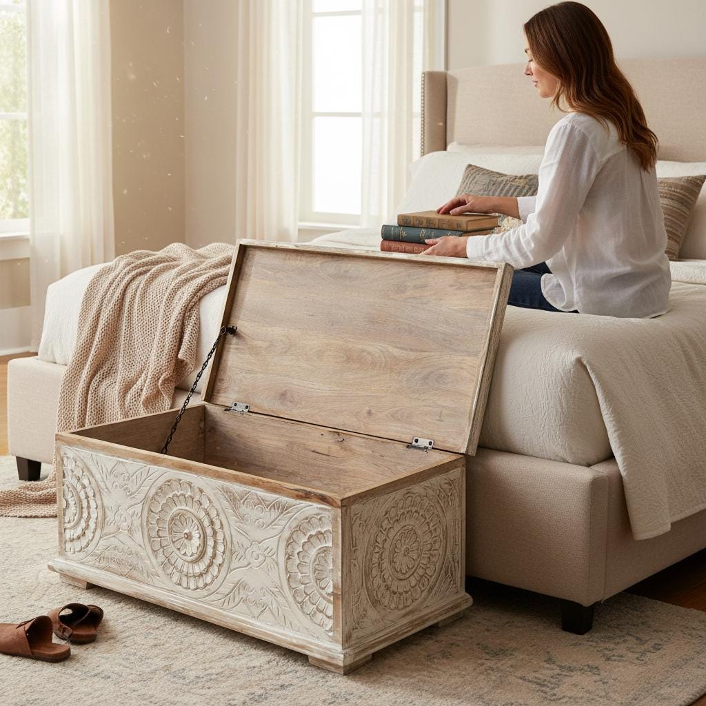 Wood Beautiful Carved Trunk Storage Box-Home Decor Central Box-Indian Side Trunk Storage Box For Home Decor Funniture