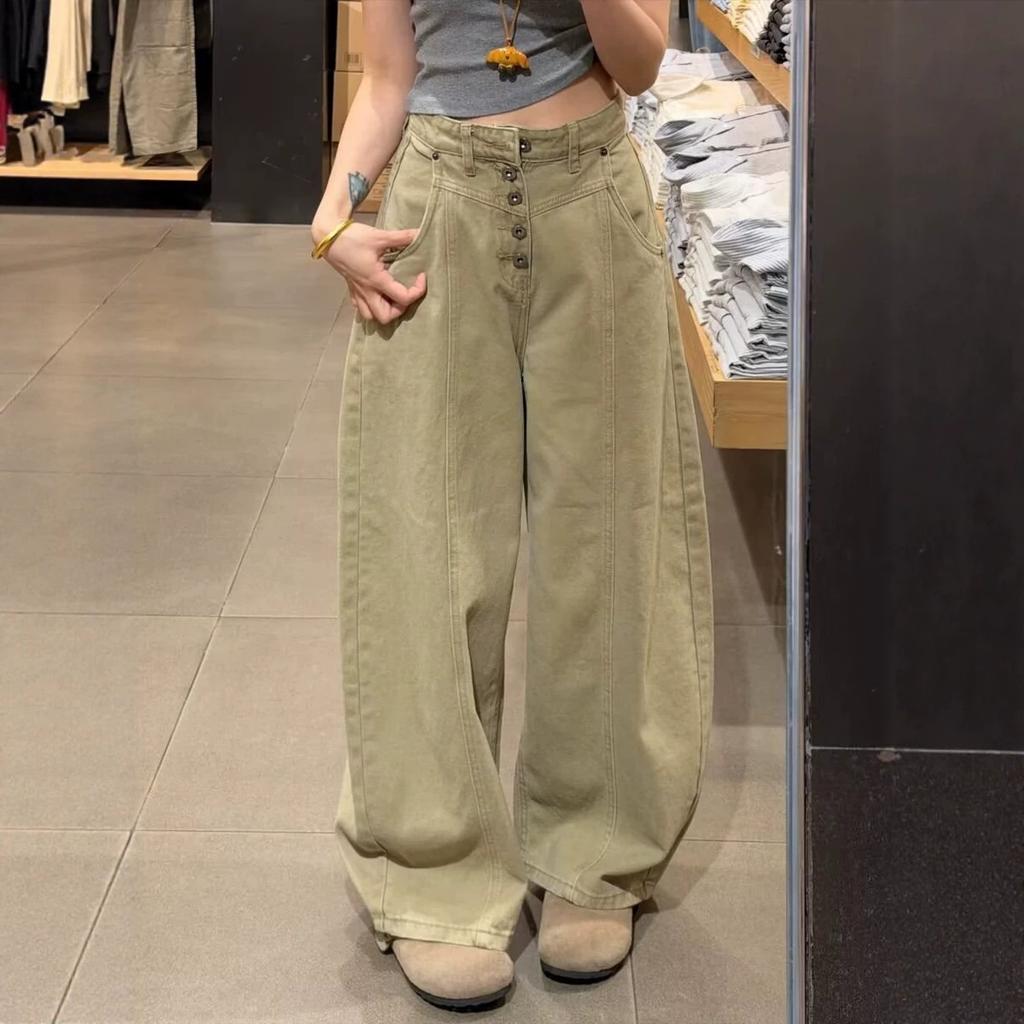 Japanese Single-breasted Wide-leg Jeans Women's Summer Large-size Loose and Thin Vertical Scimitar Floor Pants High Waist Light Khaki Wide Leg Jeans