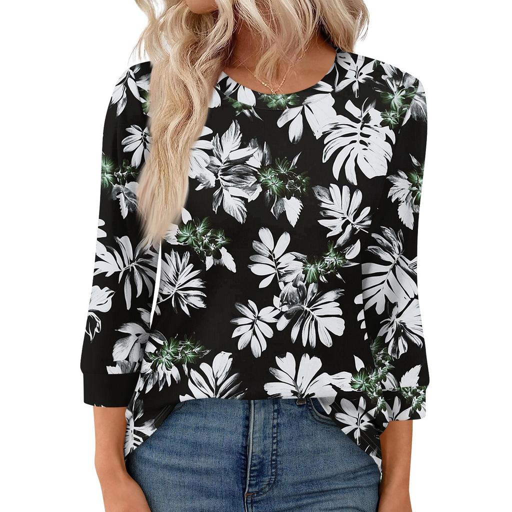 Women's Fashion Casual Round Neck 3/4 Sleeve Loose  Printed T-Shirt Ladies Top