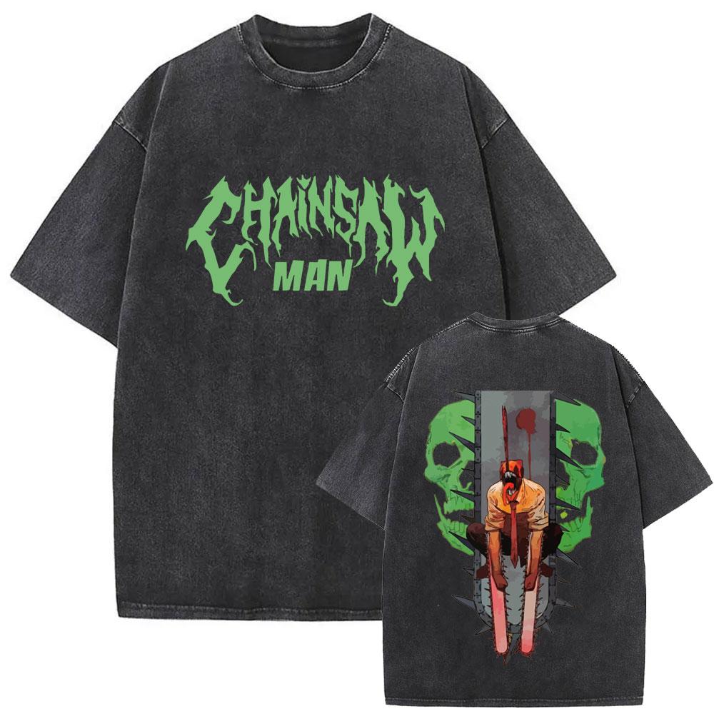 New Washed Vintage Anime Chainsaw Man Himeno Graphic Tshirt Men Women Casual Cotton Retro T Shirts Mens Cartoon Tshirts