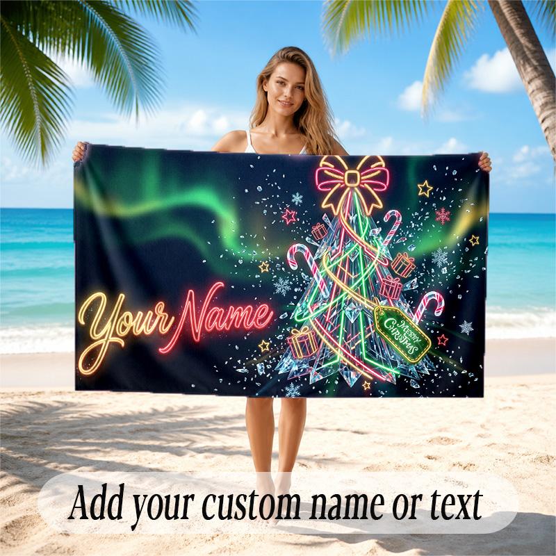 Christmas Theme Quick Dry Beach Towel Custom Name Text Print Large Sand Resistant Towel Beach Vacation