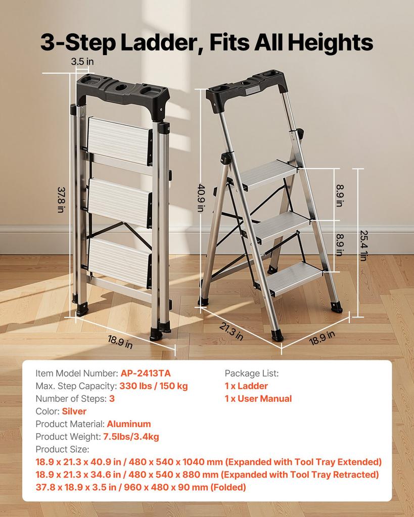VEVOR 3 Step Ladder, Folding Step Stool with Wide Anti-Slip Pedal and Comfort Handgrip, 150 Kg Capacity Portable Aluminum Stepladder
