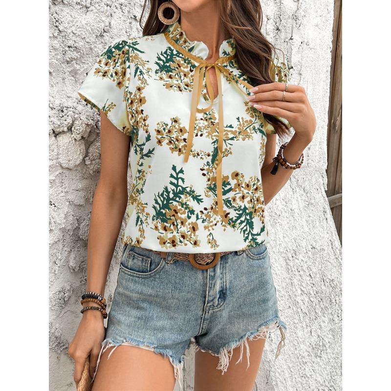 Summer New Women's Floral Print Lace-up Short-sleeved Shirt Pullover Top