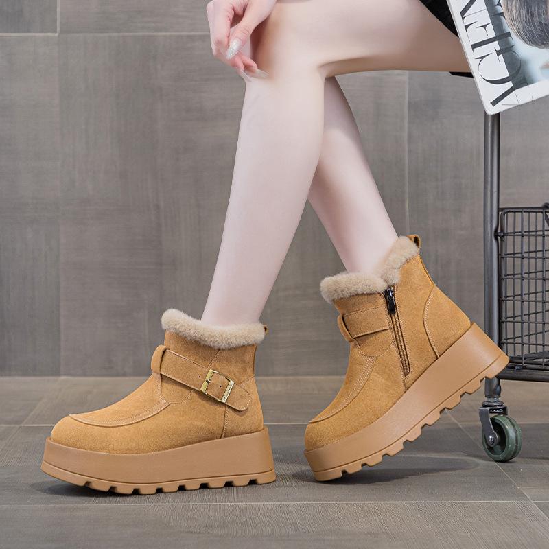 9968 leather snow boots women's cotton shoes winter velvet new retro short boots thick sole