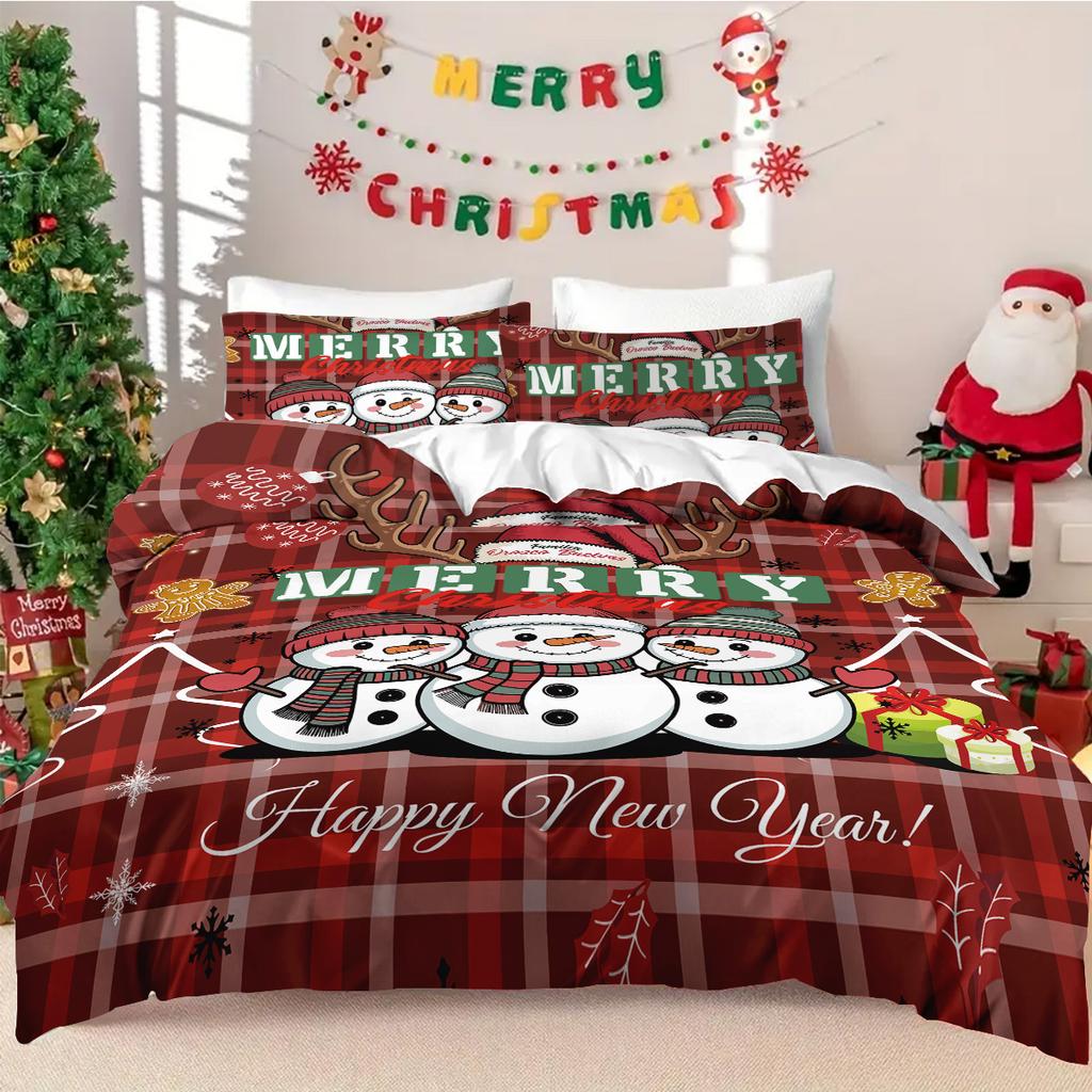 Christmas Bedding Collection - 3PCS Set Red Check Pattern Featuring Snowman Tree and Holiday Elements