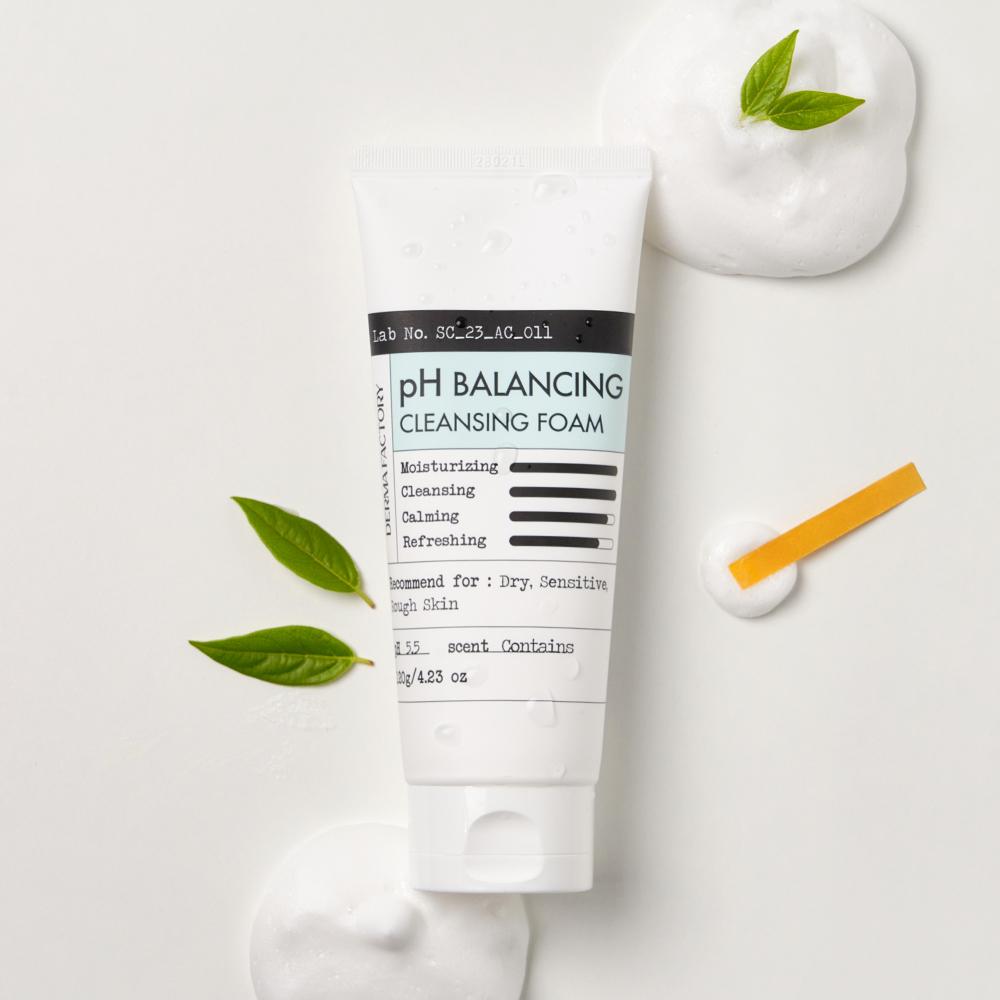 Derma Factory Panthenol 2% pH Balancing Cleansing Foam – Mild Low-pH Cleanser with Green Tea Water, Hydrating Barrier Care, Vegan, Korean