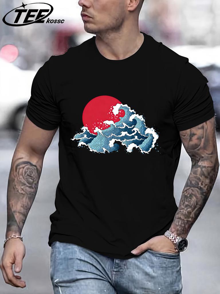 Japansk Solnedgång Vågor T-shirt För Män Sommar Casual Retro Kläder Bomull Trendig Mjuk T-shirt Unisex Rund Hals AllMatch Lös Topp