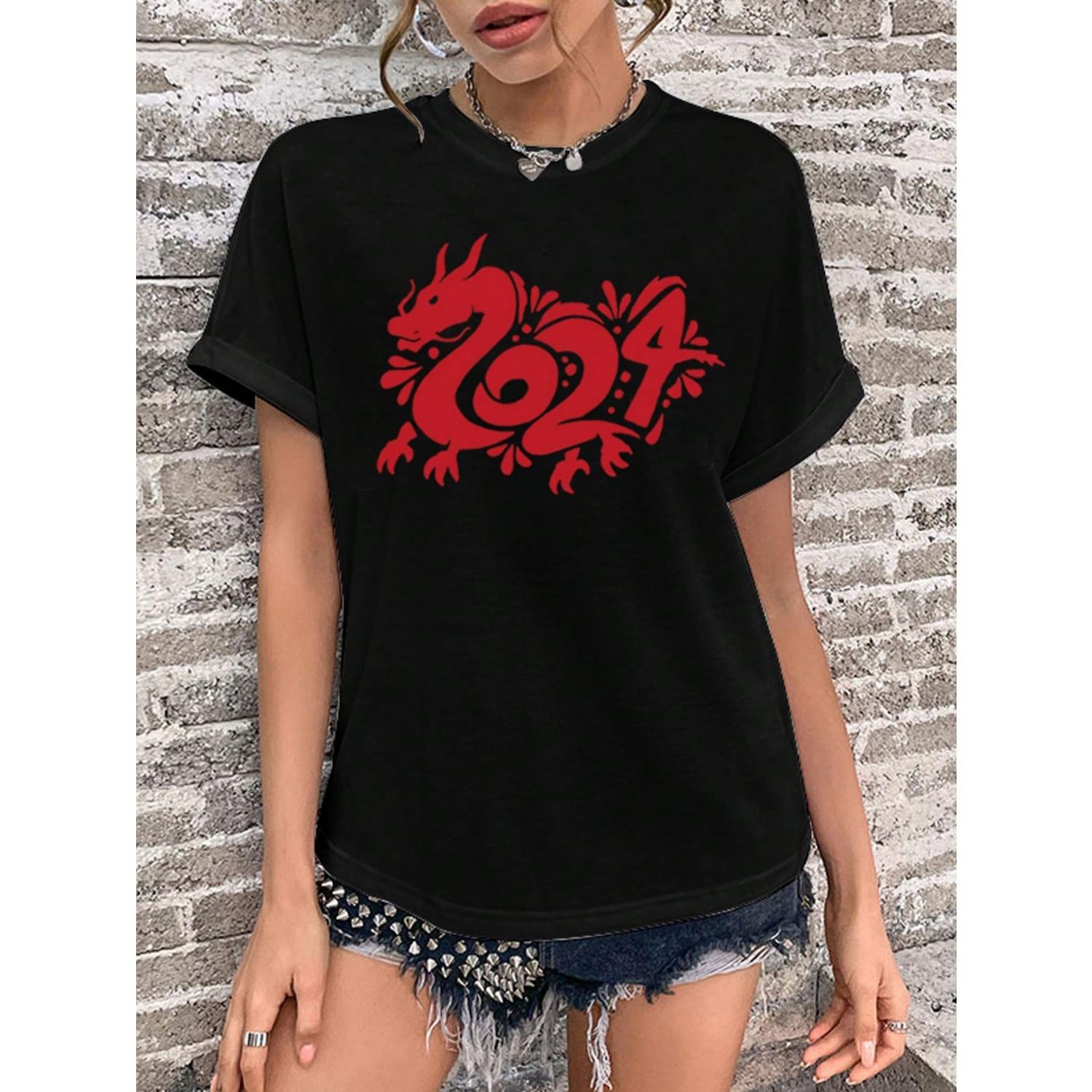 INAWLY Women s Dragon Printed Round Neck T-Shirt S чёрный