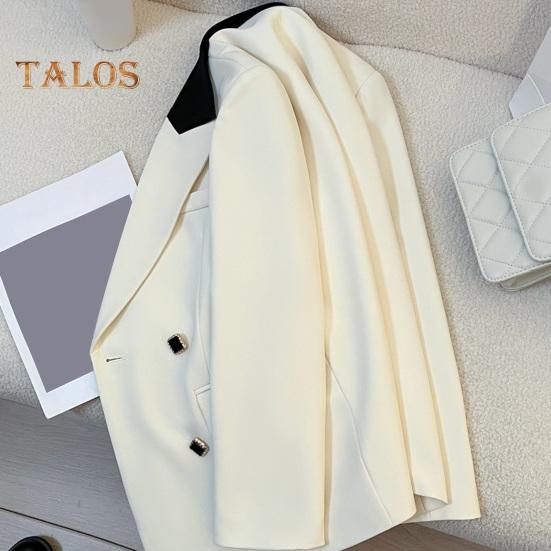 Women Suit Coat Lapel Long Sleeve Double Breasted Suit Jacket with Flap Pockets Loose Fit Business Outwear