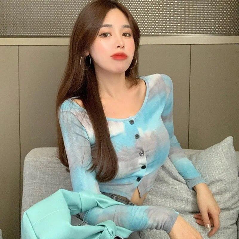 Women's Tie-dyed O-Neck Button Casual  Navel Exposed Long-Sleeved Cardigan Tops