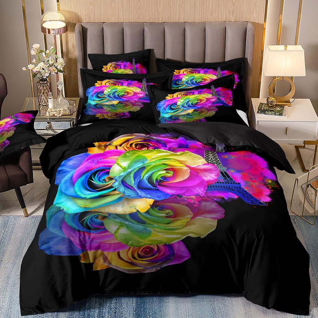 Three-Piece Rose Floral Style 3D Printed Quilt Cover Home Textile Bedding Kit