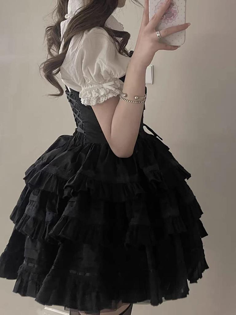 LAVASEON Spitze Kleid Süßes Oberteil und Unterteil Rüschenband und Hosenträger Mini Lolita Prinzessin Mori Girl Schönes Schwarzes Damen 2-teiliges Set, Set, Hemd,