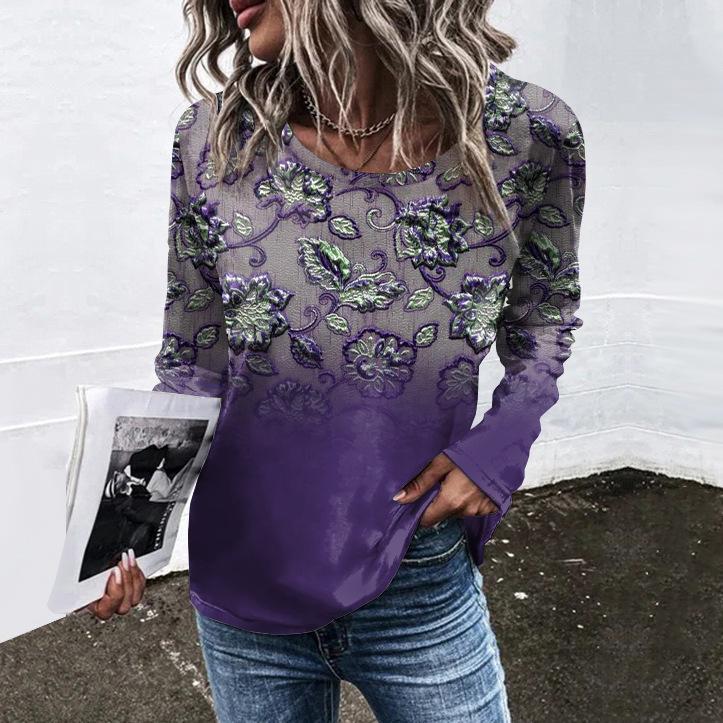 Spring and Autumn Round Neck Flower Pattern 3D Printed Top Fashionable Casual Retro Long Sleeved Women's T-shirts