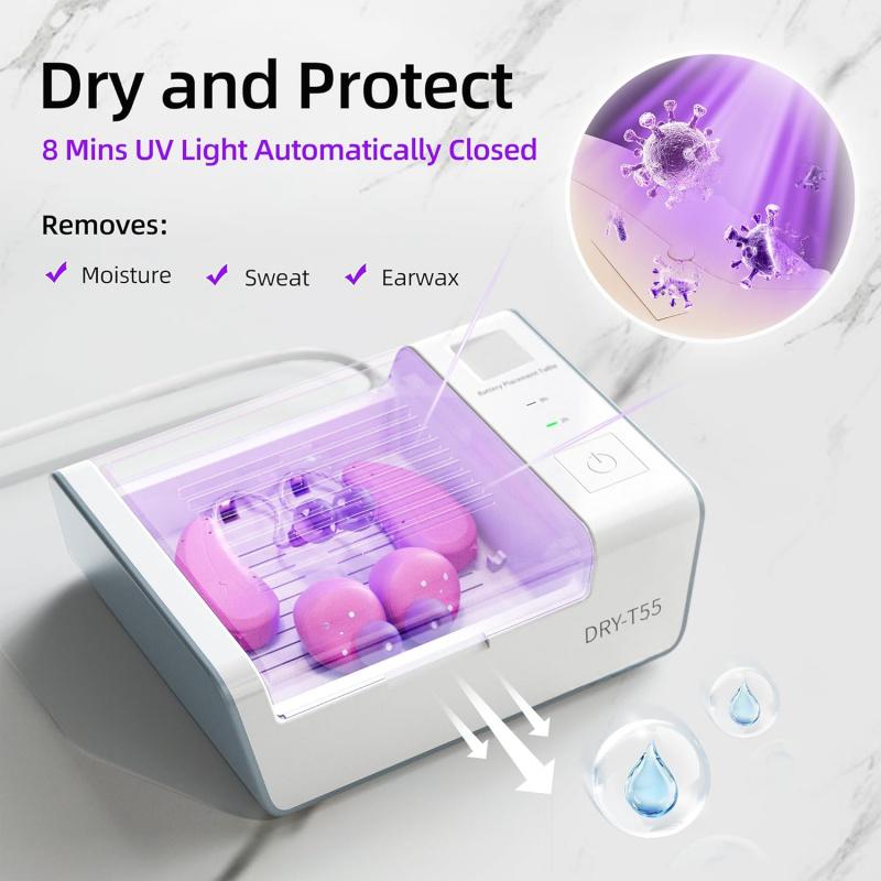 Hörgeräte Trockner Entfeuchter, Doppelte Trocknungsmodusauswahl, Reinigungsset für die Trockenbox, Entfernt Schweiß & Feuchtigkeit für Hörgeräte, Verstärker, Ohrstöpsel