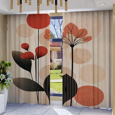 2Pc Home Geometric Leaves Curtains With Landscape Background And Pole Pocket Curtains   Kitchen   Coffee Shop   Living Room   Bacony