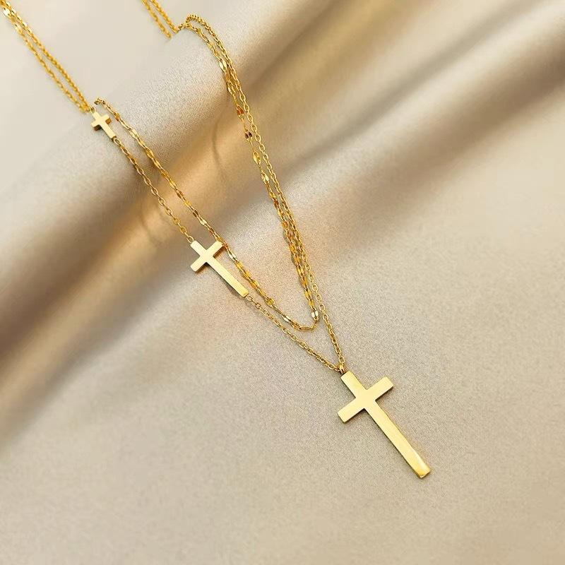 18K Gold Women's Double-Layer Cross Choker Necklace - Trendy Titanium Steel, Non-fading, Simple European & American Style