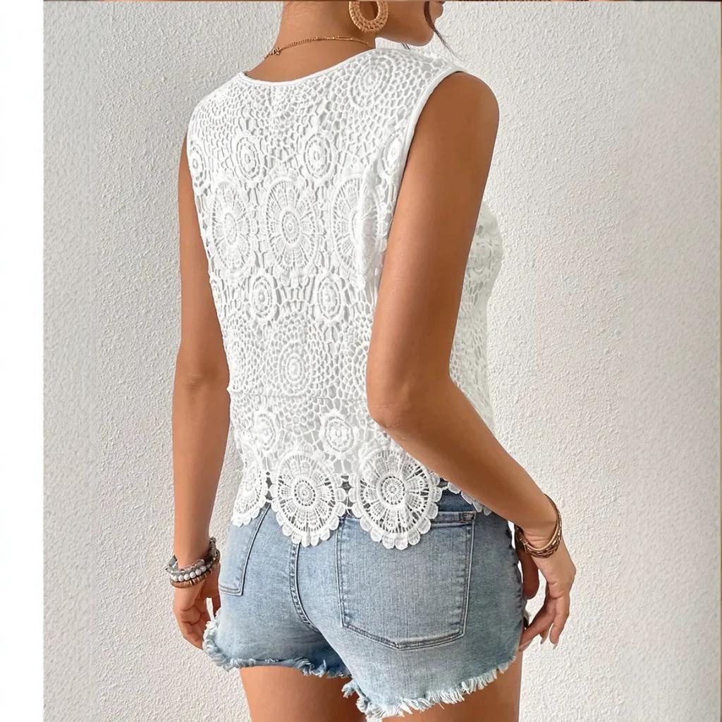 Women Crochet Lace Tank Top Sleeveless Round Neck Hollow Out Summer Boho Beach Top Solid Color Casual Cami