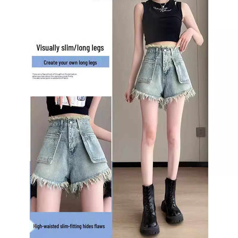 Women's High-Waisted Fringed Denim Shorts - Retro Loose Fit, Wide Leg, Summer Style