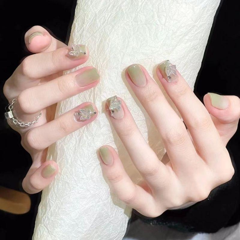 

Gentle Nail Beauty Ice Transparent Green White Fresh Hand-Worn Nail Nail Stickers Spring Full of The Wizard of Oz Gentle Butterfly Dance Special Trumpet XS