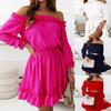 Waist Tight Long Sleeve Solid Color Mini Dress Ruffle Hem Off Shoulder Lady Summer Dress Female Clothes