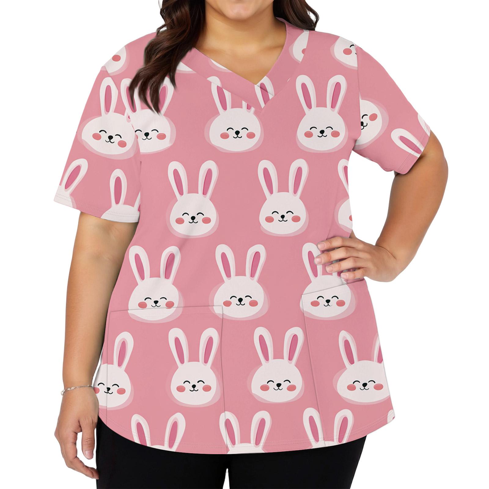 

Women s Fashionable V-neck Short-sleeved Work Top With Double Side Slits And Pockets, Featuring Easter Bunny And Egg Prints. XL Кіновар