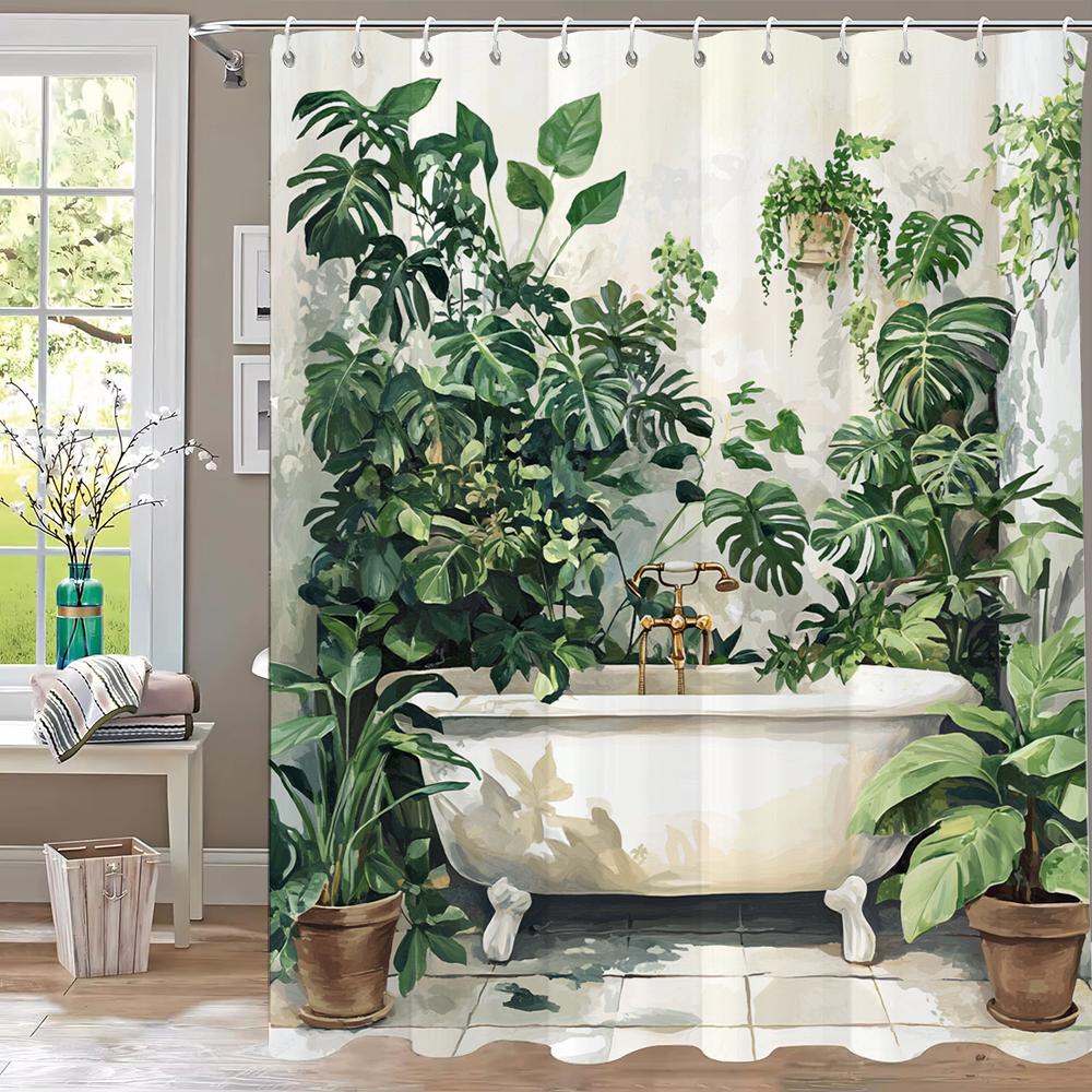 Tropical Plants Bathtub Shower Curtain, Green Leaves Art Bathroom Decorative Curtain, Printed Polyester Curtain with Hooks