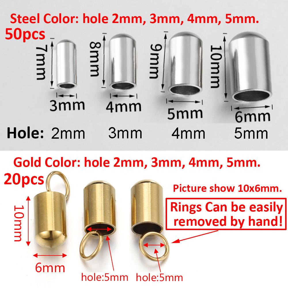 20-50pcs Gold Stainless Steel Leather End Caps Crimp Cord Wire Hole 2-5mm Crimp Clasps Fastener for Jewelry Making DIY