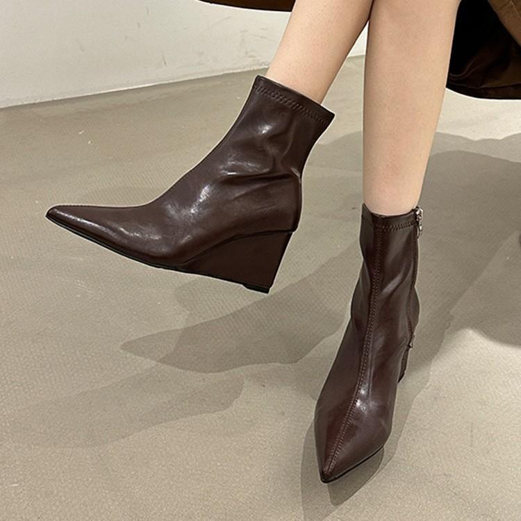 Pointed short boots women's new boots 2025 autumn and winter new European beautiful women's boots high heel short boots wedge heel thin boots
