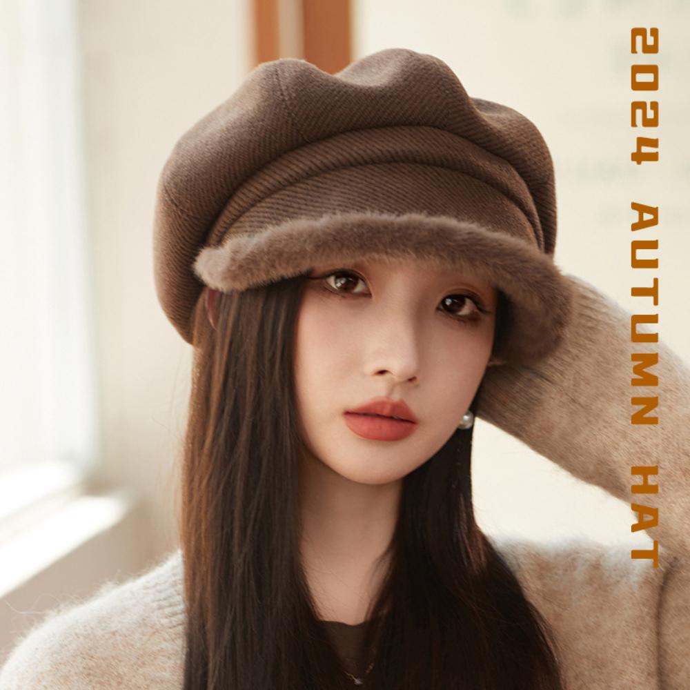 HT4435 Dámské barety Vysoce kvalitní podzimní zimní čepice pro ženy Dámská tlustá kožešinová krempa Osmiboká čepice Dámská umělkyně Malířská baretová čepice