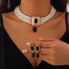 SHIXIN 2Pcs Luxury Multilayer Imitation Pearl Choker Necklace Earrings Bridal Green Rhinestone Neck Chain Wedding Jewelry Set