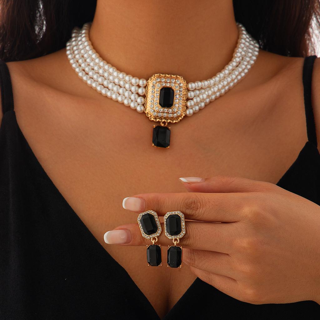 SHIXIN 2Pcs Luxury Multilayer Imitation Pearl Choker Necklace Earrings Bridal Green Rhinestone Neck Chain Wedding Jewelry Set