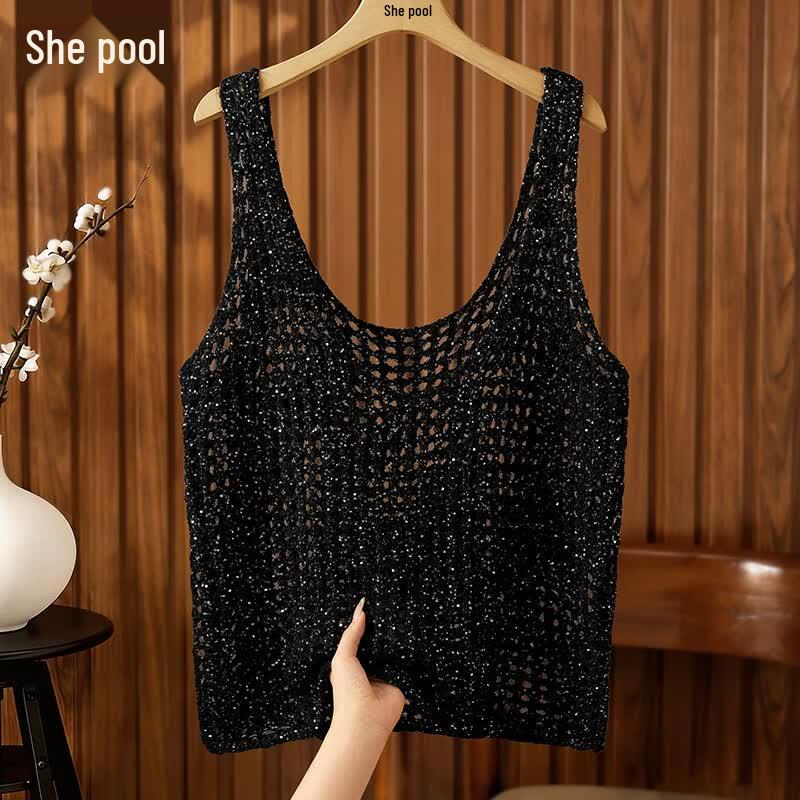 Women s Sequined Hollow-Out Knit Tank Top One Size