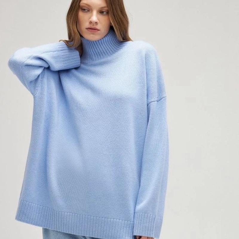 

Женский осенне-зимний вязаный топ для дам, однотонный свободный свитер с полувысоким воротником и длинными рукавами L светло-синий