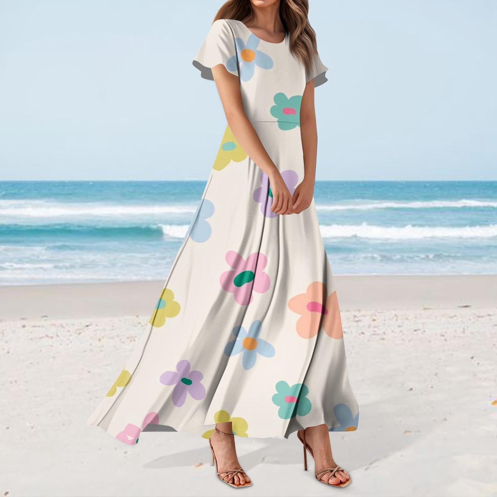 

Жіноча повсякденна сукня з гавайським принтом, круглим вирізом, коротким рукавом та завищеною талією L винний