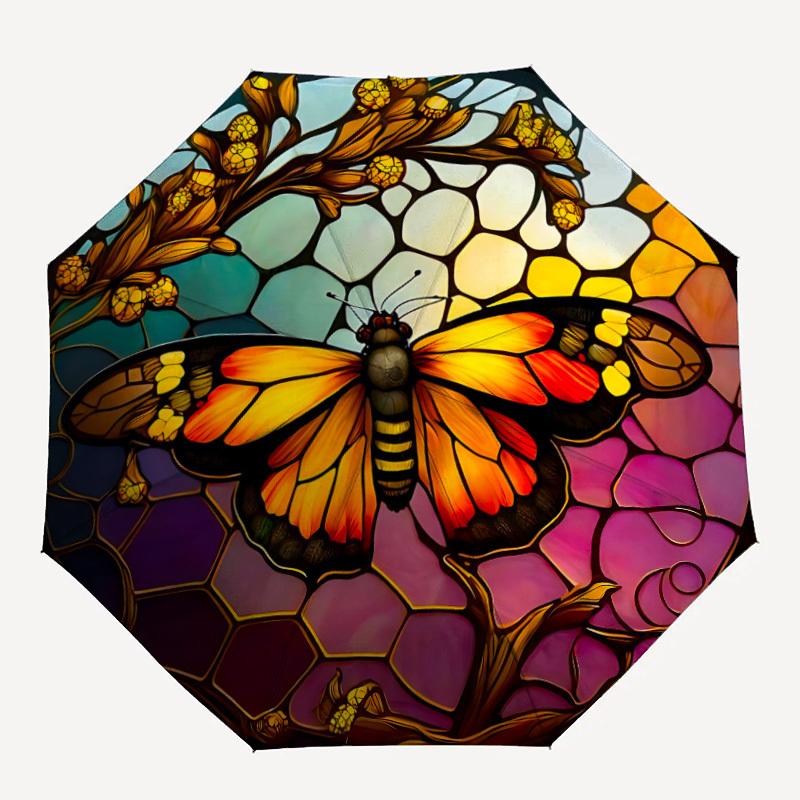 

1pc Butterfly StainedGlass Automatic Open/Close Umbrella with Folding feature Compact Travel Umbrella, Lightweight design, for Commuting, Business109