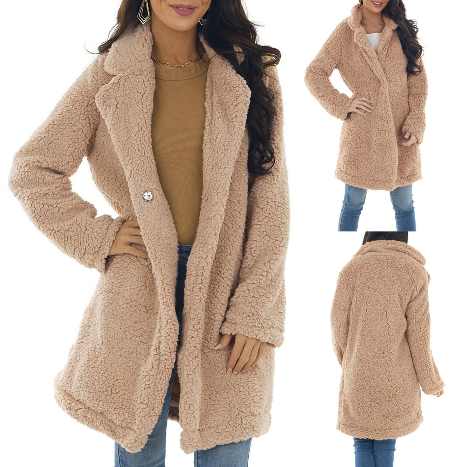 

Женская повседневная свободная куртка с длинными рукавами и воротником из плюша, куртка средней длины, верхняя одежда