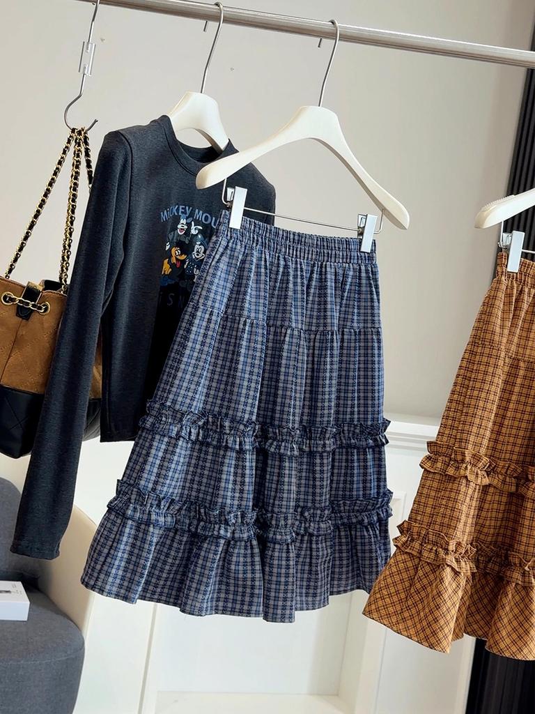 Korean Academy Style Plaid Lace Patchwork Midi Skirt - Spring/Summer New Arrival