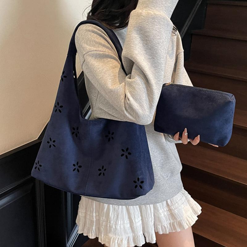 Yogodlns Faux Suede Women's Hollow Flower Shoulder Bags Matte Leather Female Underarm Bag Vintage Large Capacity Female Tote Handbags