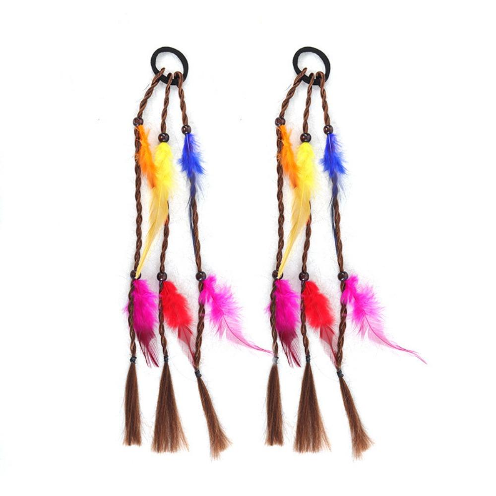 2pcs Rubber Band Headband Bohemian Feather Hair Extensions Handmade Twist Braid Ponytail Daily Use