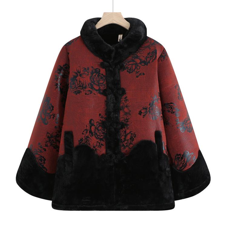 Mother Plus Velvet Fashion Coat Autumn and Winter Middle-aged and Elderly Thickened National Wind Coat Old Grandma Winter Clothes New