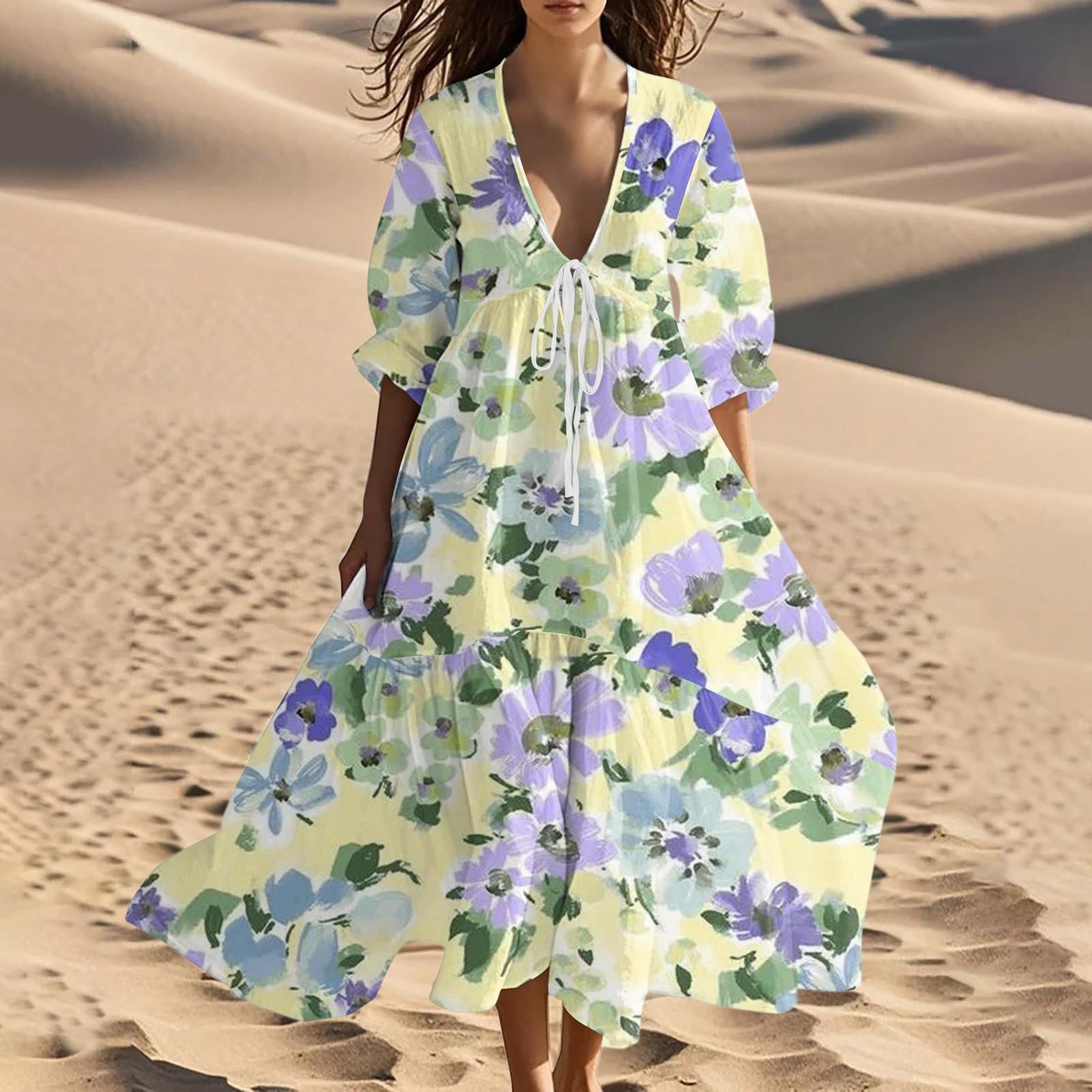 

Женское летнее модное платье макси с V-образным вырезом для пляжа, винтажное, с цветочным принтом, шнуровкой и вставками M