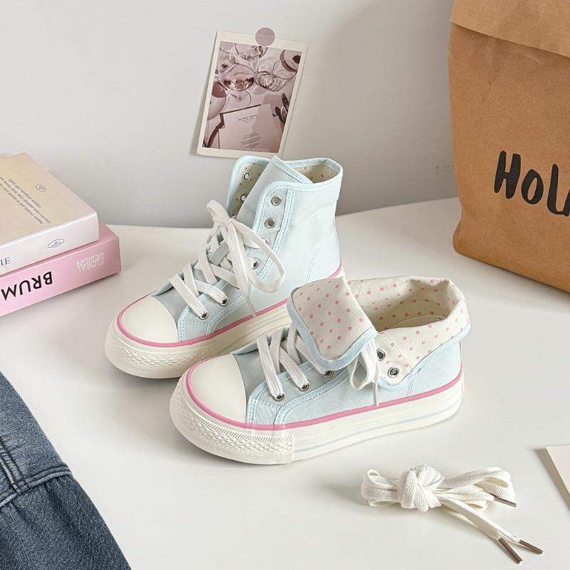 Women's High Top Platform Canvas Sneakers Polka Dot Foldable Collar Lace Up Breathable Korean Style Casual Shoes Fall