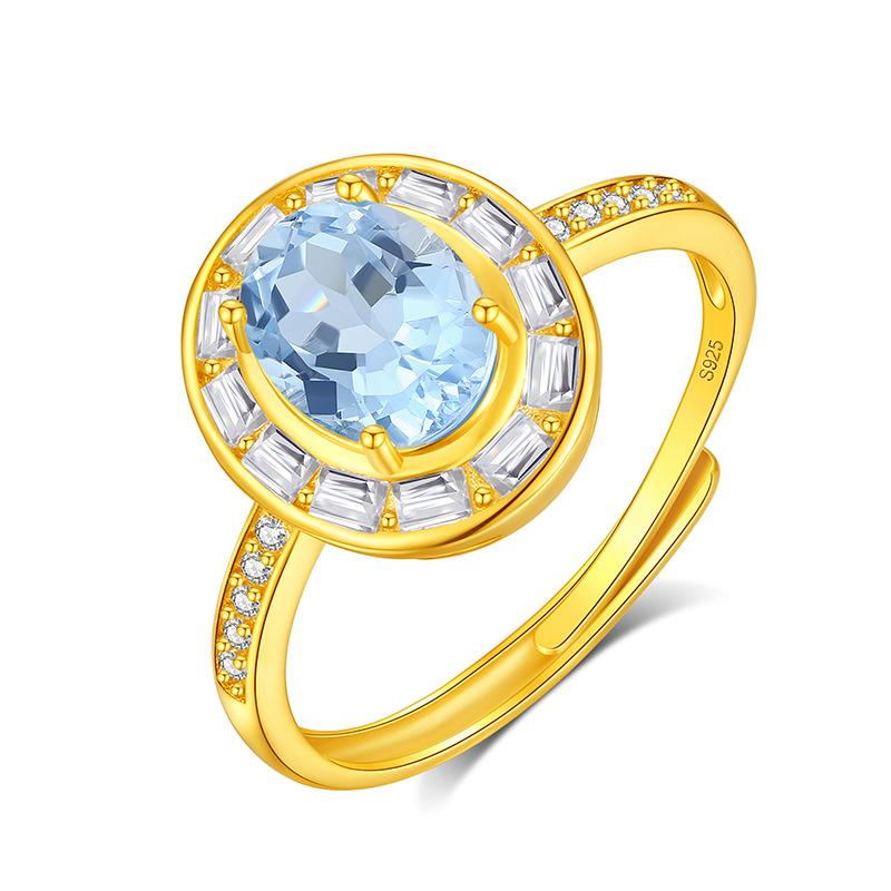 Classic S925 Sterling Silver Ring, Oval Natural Crystal & CZ Adjustable Band for Ladies