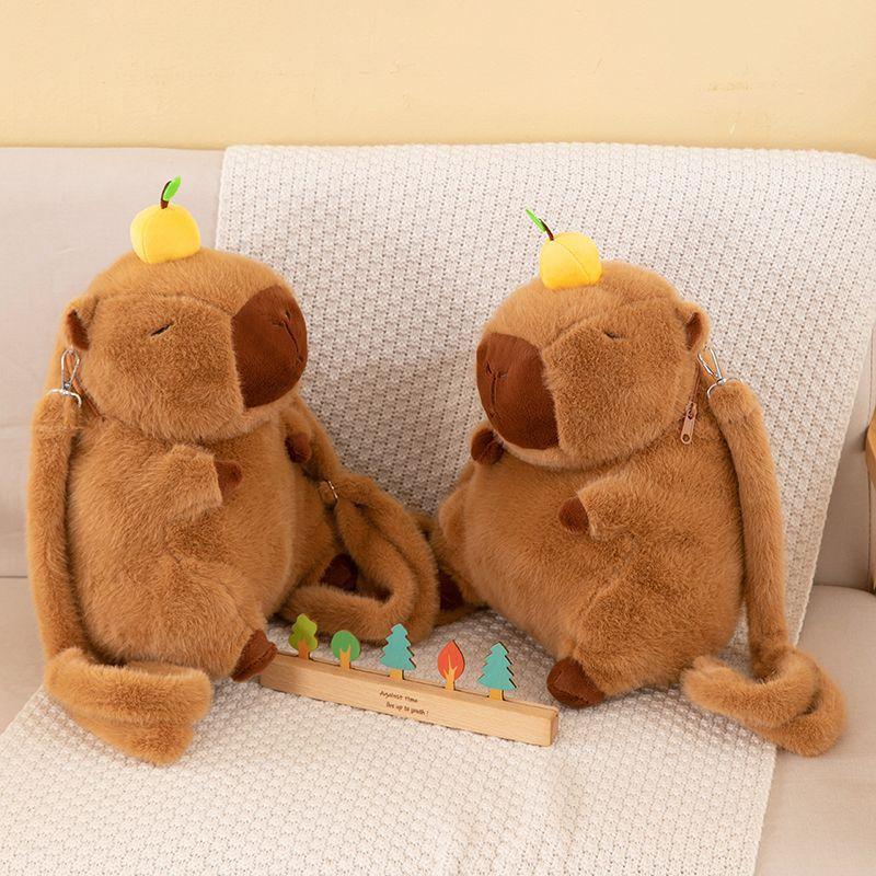 Capybara Cartoon Orange Plush Backpack: Women's Large Fuzzy Double Shoulder Bag