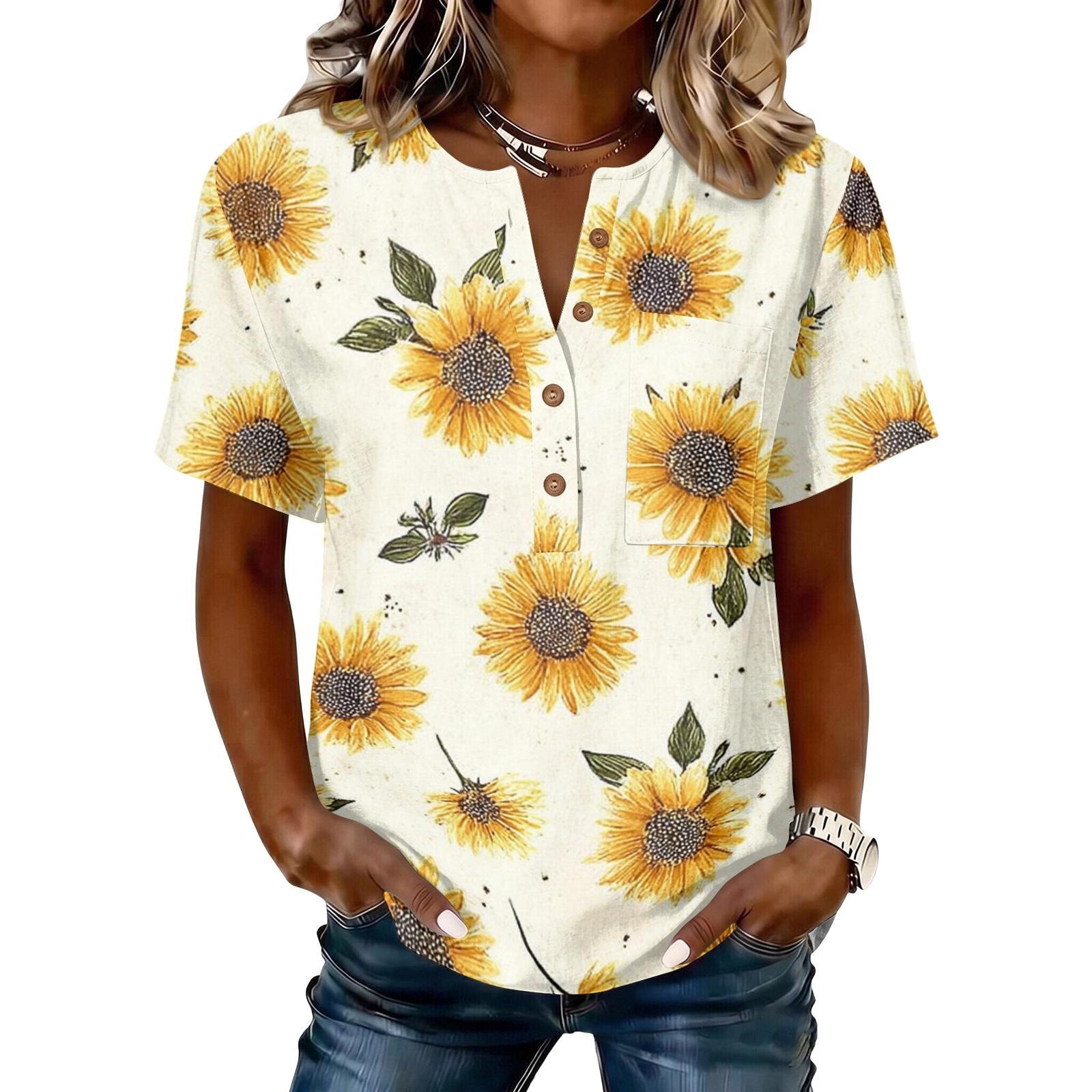 Women’s Casual Sunflower Print Henley Neck Button Front Short Sleeve Cotton Linen Shirt Loose Fit Summer Top S