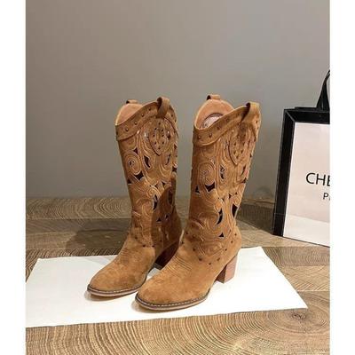 Women Embroidered New Western Boot Outdoor Suede Anti Slip Shoe Hollowed Out Casual Denim Boots Fashion Comfortable Ladies Shoes