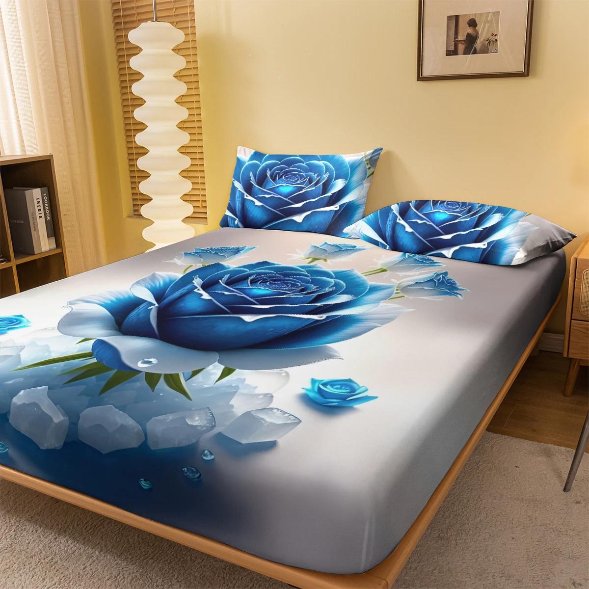 

1 Simple modern Plant Flower Blue Rose digital printed frosted Fitted Sheet,bedroom printed bed cover,bedding(No pillowcase) 99x190x25cm